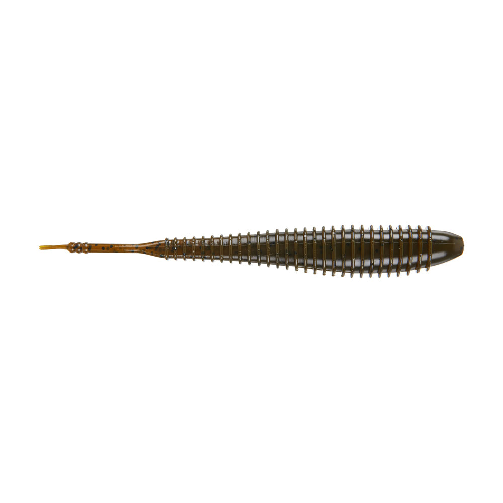 The Missile Baits Spunk Shad by Missile Baits is a brown, soft plastic pintail swimbait with a ribbed, segmented body and pointed tail, designed to mimic small aquatic prey and works great as a Chatterbait trailer.
