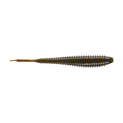 The Missile Baits Spunk Shad by Missile Baits is a brown, soft plastic pintail swimbait with a ribbed, segmented body and pointed tail, designed to mimic small aquatic prey and works great as a Chatterbait trailer.