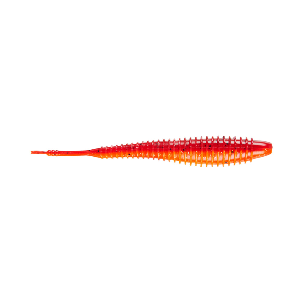Missile Baits Spunk Shad by Missile Baits is a ribbed red and orange soft plastic pintail swimbait with a tapered body and small tail, ideal for pairing with a Chatterbait, shown on a white background.