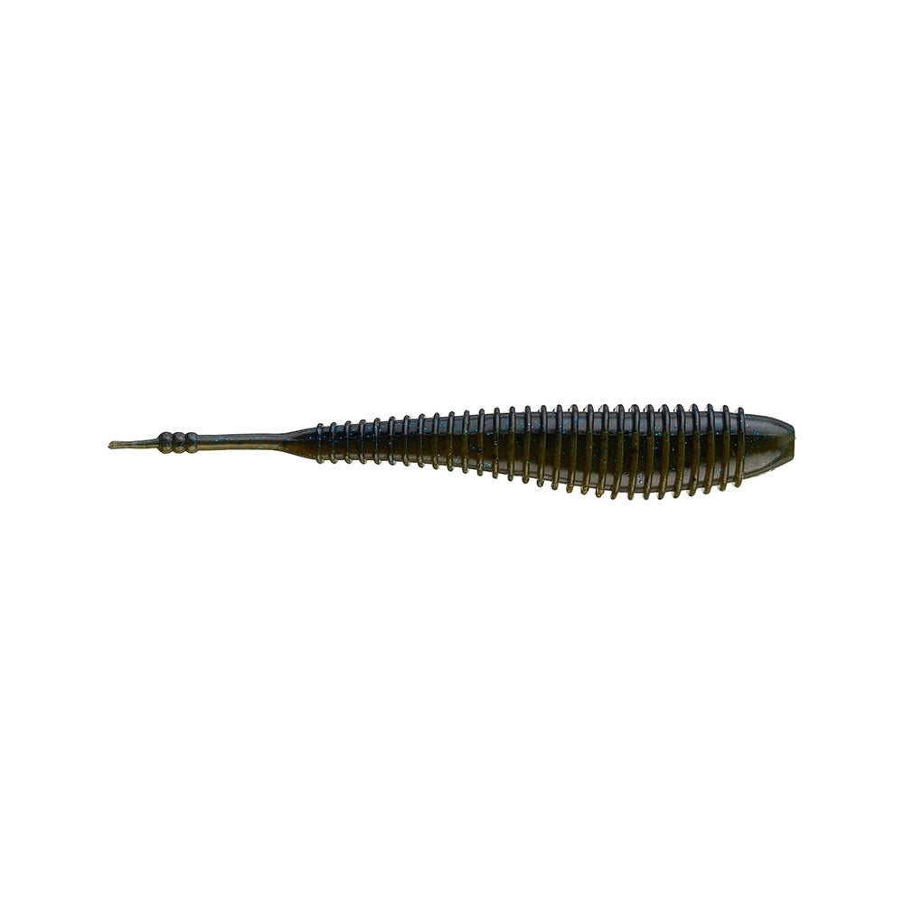 The Missile Baits Spunk Shad is a dark, ribbed soft plastic lure with a tapered tail, ideal as a pintail swimbait or Chatterbait trailer, shown on a white background.