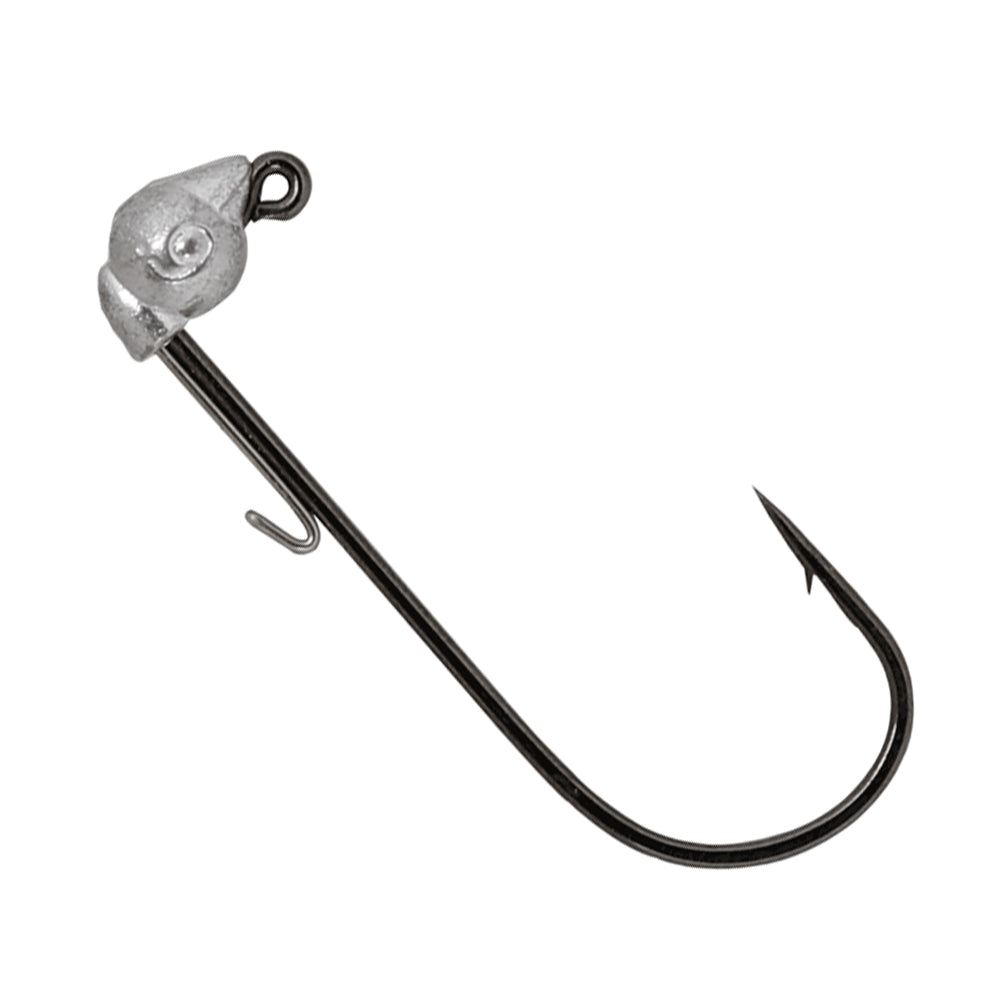 The Owner Range Roller Jig Heads feature a metallic, fish-shaped head with an eyelet, plus a large curved black hook with a small metal barb—perfect for finesse techniques.