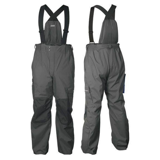 Two Shimano Dryfender 3T Rain Bibs in charcoal (size XXXL) are shown—one front view and one back view—both with black adjustable suspenders, displayed on a white background.