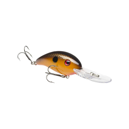 The Strike King 3XD Crankbait features a fish-shaped, black and brown scaled body with red eyes, two treble hooks, and a clear plastic bill—ideal for bass fishing.