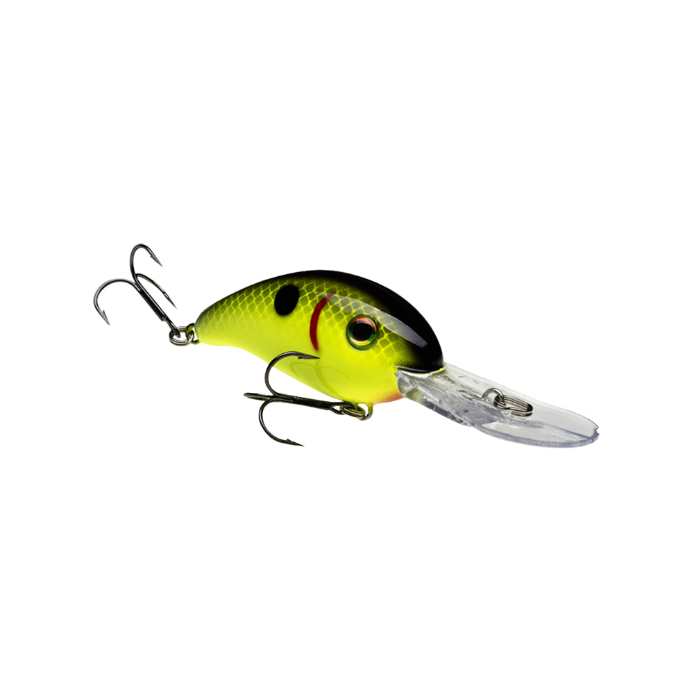 The Strike King 3XD Crankbait by Strike King features bright yellow and green colors with black markings, two treble hooks, and a clear plastic lip—a perfect bass fishing lure shown on a white background.