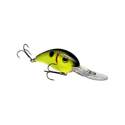 The Strike King 3XD Crankbait by Strike King features bright yellow and green colors with black markings, two treble hooks, and a clear plastic lip—a perfect bass fishing lure shown on a white background.