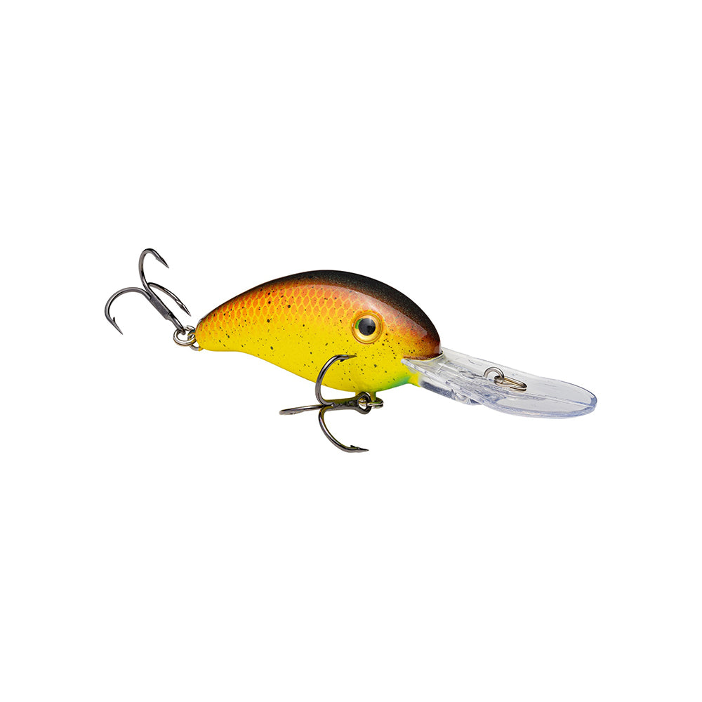 The Strike King 3XD Crankbaits by Strike King is a yellow-orange, fish-shaped bass lure with black spots, two treble hooks, and a clear diving lip—perfect for targeting bass.