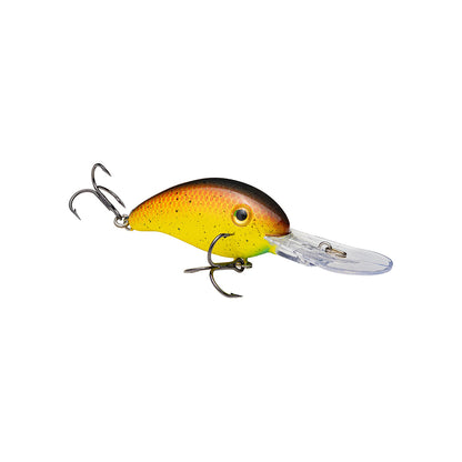 The Strike King 3XD Crankbaits by Strike King is a yellow-orange, fish-shaped bass lure with black spots, two treble hooks, and a clear diving lip—perfect for targeting bass.