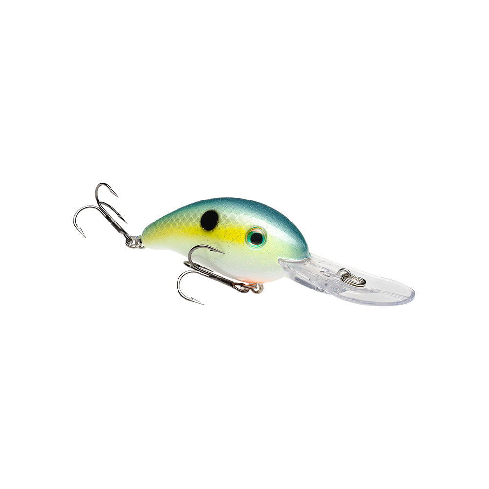 The Strike King 3XD Crankbait by Strike King features a blue and yellow body with black spots, two treble hooks, and a clear plastic diving lip. The crankbait is shown on a white background.