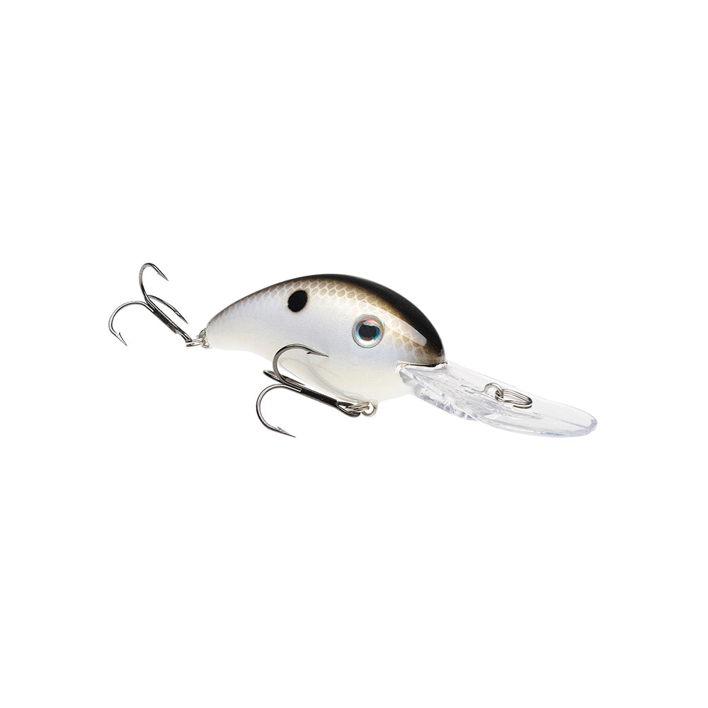 The Strike King 3XD Crankbait by Strike King has a silver body, black back, large eye, side black spot, two treble hooks, and a clear plastic lip for diving—an ideal bass fishing lure.