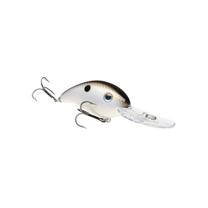 The Strike King 3XD Crankbait by Strike King has a silver body, black back, large eye, side black spot, two treble hooks, and a clear plastic lip for diving—an ideal bass fishing lure.