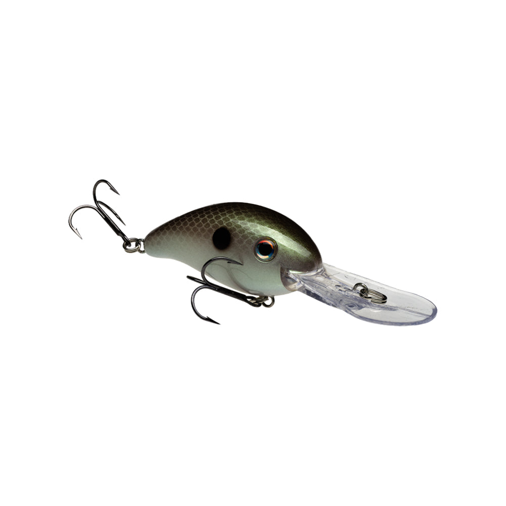 The Strike King 3XD Crankbait by Strike King is shaped like a small fish with a dark back, light underside, two treble hooks, and a clear plastic lip—featuring realistic eyes and scale texture, perfect for bass fishing.