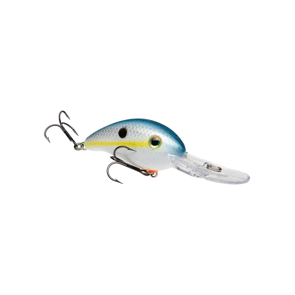 A Strike King 3XD Crankbaits lure by Strike King, featuring blue and silver colors with a yellow stripe, two treble hooks, and a clear plastic lip, is displayed against a white background.
