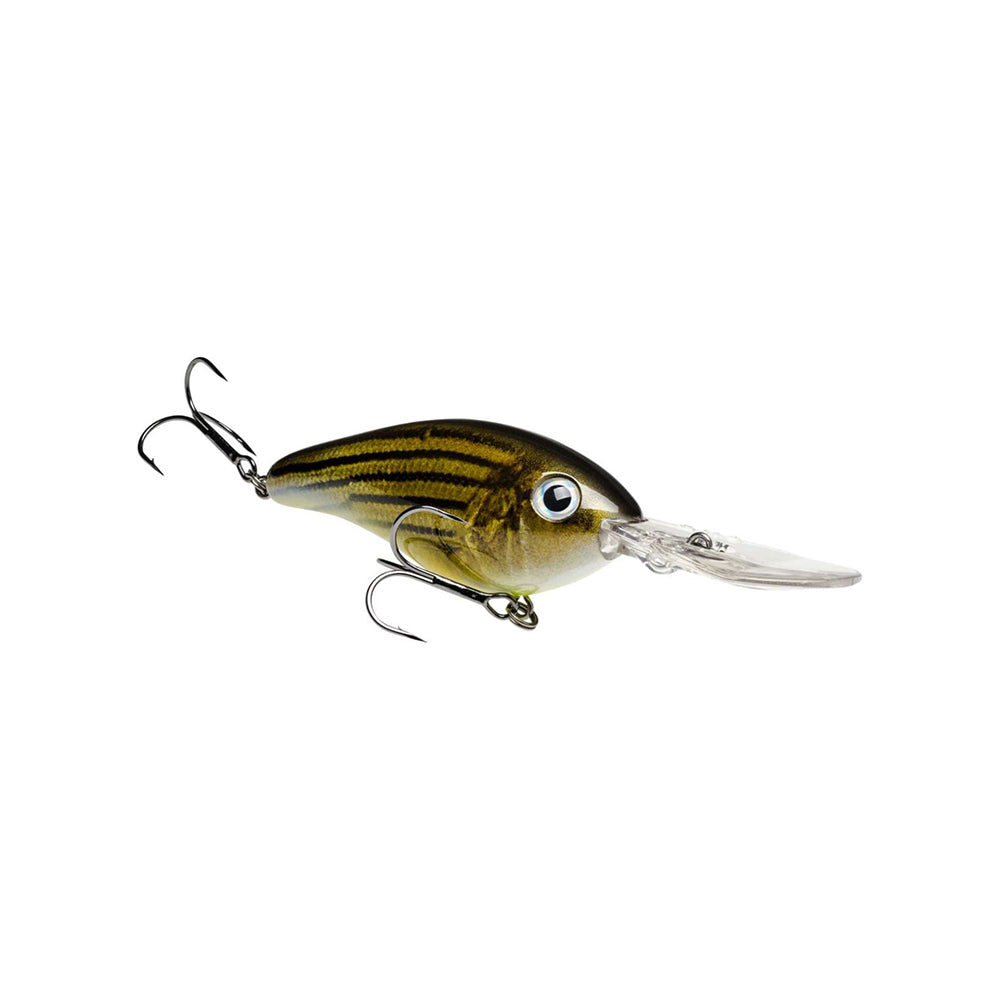 The Strike King 6XD Crankbait by Strike King is a green and yellow, fish-shaped deep diving lure with two treble hooks and a clear plastic lip, shown isolated on a white background.