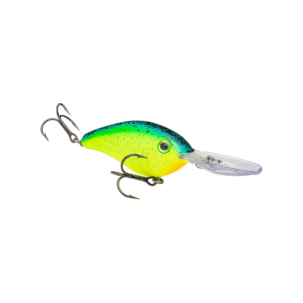 The Strike King 6XD Crankbait by Strike King is an extra-deep diving lure with a green and blue speckled top, yellow sides, a clear plastic lip, and two treble hooks, shown against a white background.