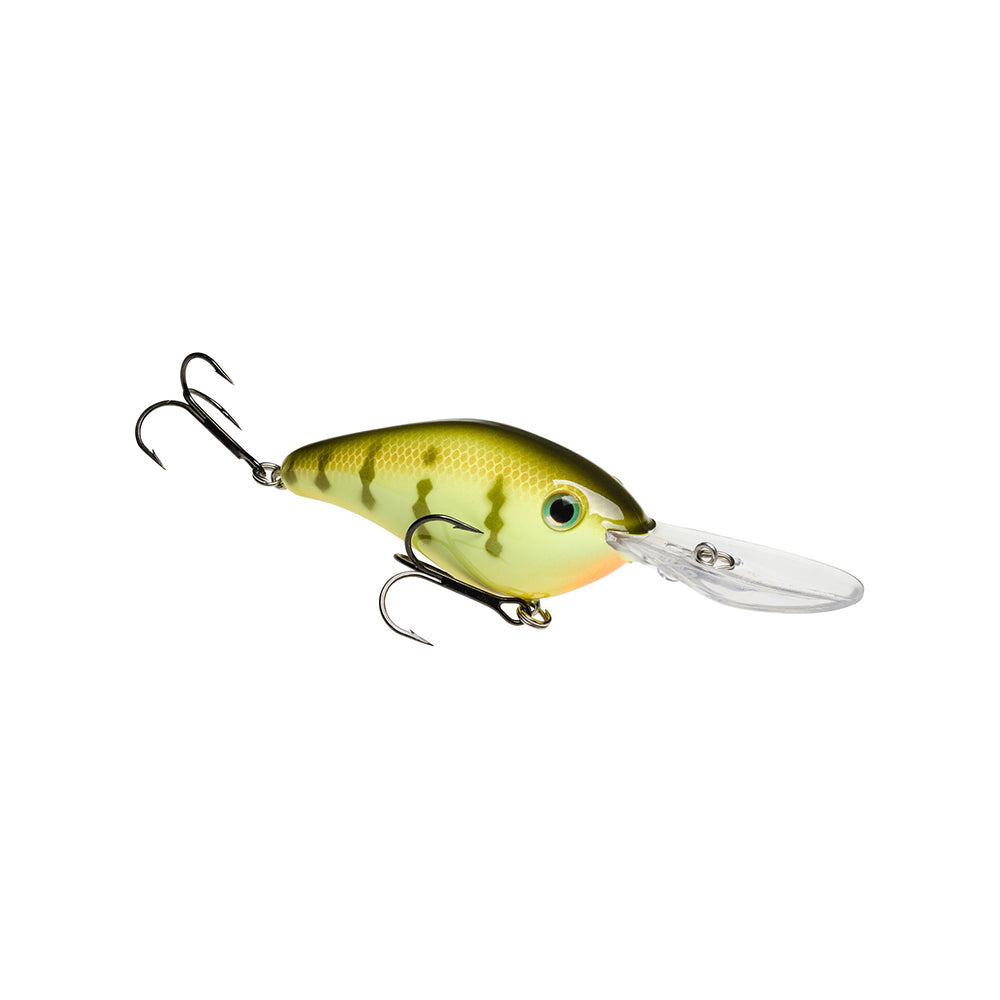 The Strike King 6XD Crankbait by Strike King is a green and yellow fish-shaped deep diving lure with two treble hooks and a clear lip, expertly designed to attract fish.