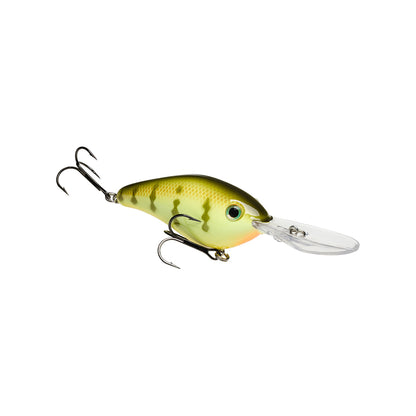 The Strike King 6XD Crankbait by Strike King is a green and yellow fish-shaped deep diving lure with two treble hooks and a clear lip, expertly designed to attract fish.