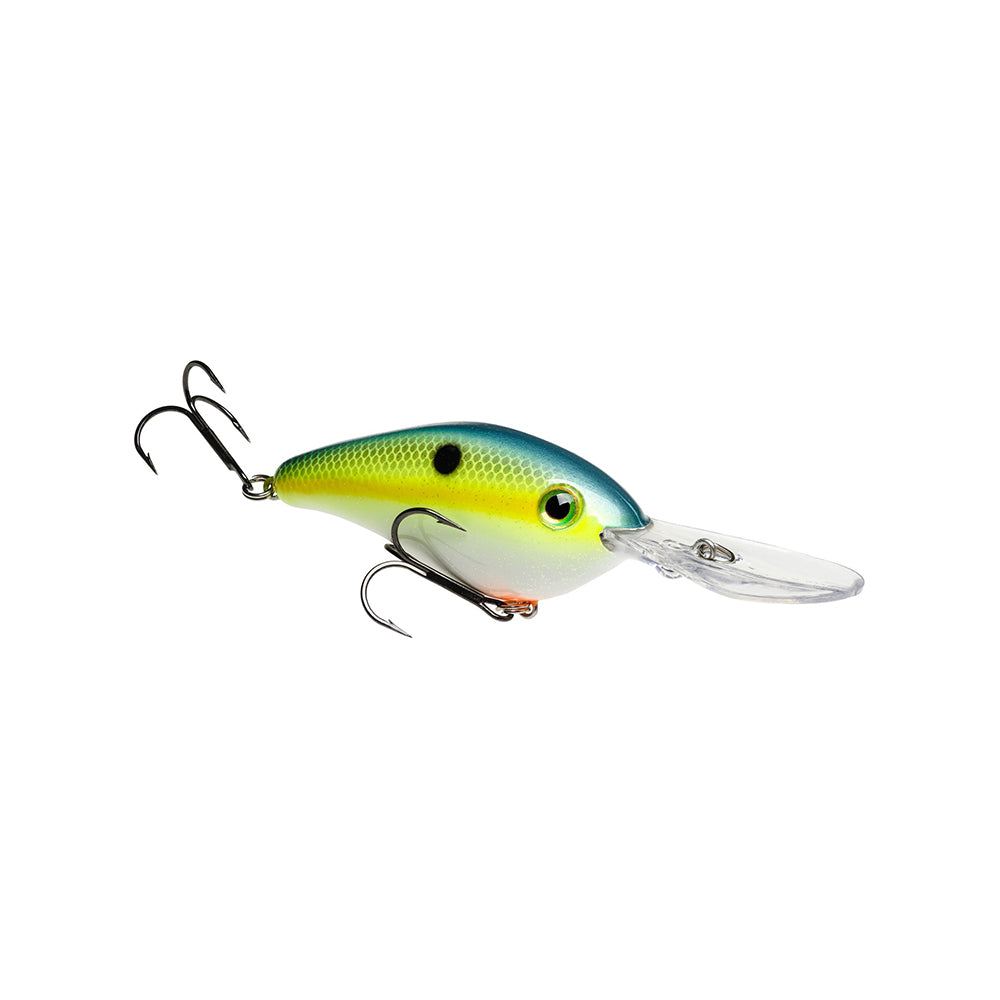 The Strike King 6XD Crankbait, a colorful blue and yellow lure with black spots, two treble hooks, and a clear plastic lip, is an extra-deep diving bait from Strike King—ideal for catching big fish.