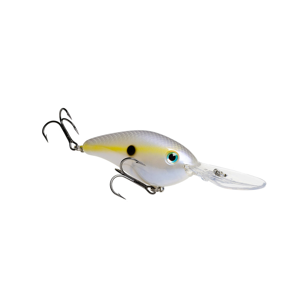 The Strike King 6XD Crankbait is a fishing lure with a white and yellow body, black dot near the tail, two treble hooks, and a transparent plastic lip for extra-deep diving.