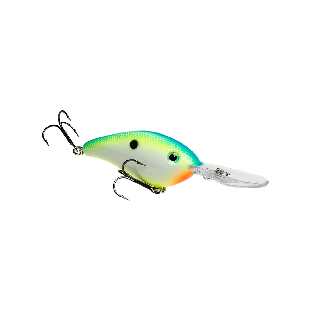 The Strike King 6XD Crankbait by Strike King is a deep-diving lure with a green, yellow, and blue body, black spot, orange head detail, two treble hooks, and a clear plastic lip, shown against a white background.