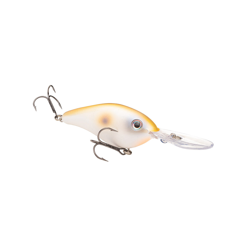The Strike King 6XD Crankbait by Strike King features a white body, yellow top, clear diving lip, two treble hooks, realistic eyes, and a glossy finish. This deep-diving lure is shaped like a small fish for maximum attraction.