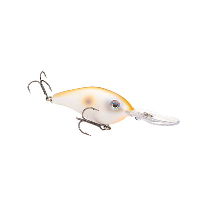 The Strike King 6XD Crankbait by Strike King features a white body, yellow top, clear diving lip, two treble hooks, realistic eyes, and a glossy finish. This deep-diving lure is shaped like a small fish for maximum attraction.