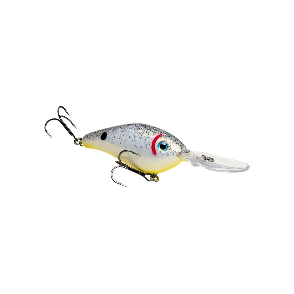 The Strike King 6XD Crankbait features a silver and white body with black spots, red and black eyes, two treble hooks, and a clear plastic lip. This deep-diving lure by Strike King is shown on a white background, ideal for reaching bigger fish.