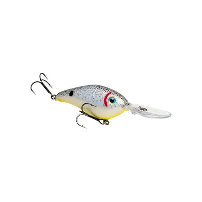 The Strike King 6XD Crankbait features a silver and white body with black spots, red and black eyes, two treble hooks, and a clear plastic lip. This deep-diving lure by Strike King is shown on a white background, ideal for reaching bigger fish.