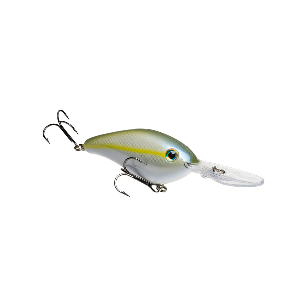 The Strike King 6XD Crankbait by Strike King features a green and yellow gradient body, large eye, clear plastic lip, and two treble hooks. This extra-deep diving crankbait is shown against a white background.