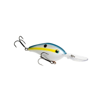 The Strike King 6XD Crankbait by Strike King features a blue and white body with a yellow stripe, two black spots, two treble hooks, and a clear plastic lip for deep diving action.