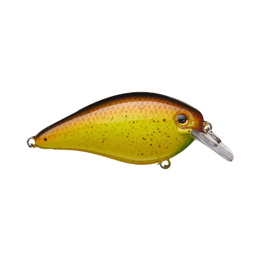 The Strike King KVD Squarebill Crankbait Silent is a yellow and brown lure with a scaled texture, black eye, and clear lip for diving—perfect for shallow water fishing. Shown from the side on a white background.