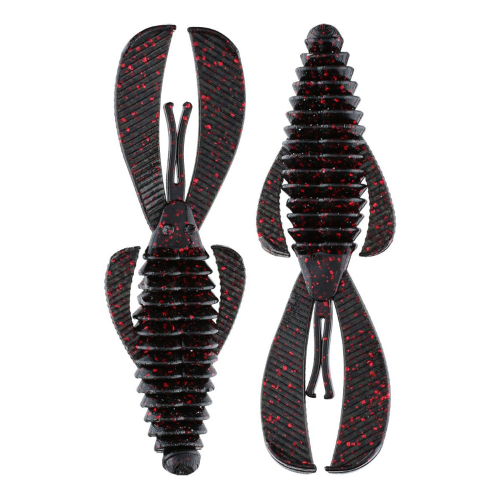 Two black Strike King Rage Bug 4" creature baits (7pk), featuring ribbed bodies, large claws, and red speckles, shown from top and bottom—ideal as flipping bait.
