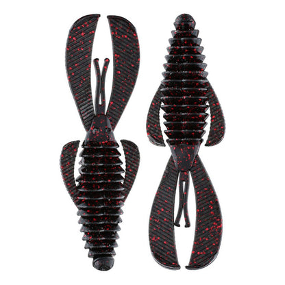 Two black Strike King Rage Bug 4" creature baits (7pk), featuring ribbed bodies, large claws, and red speckles, shown from top and bottom—ideal as flipping bait.