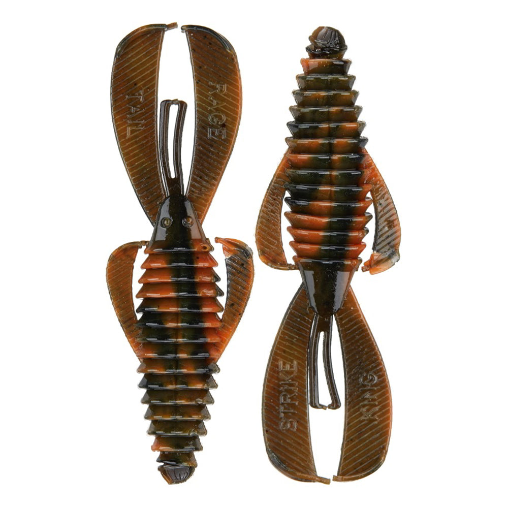 The Strike King Rage Bug 4" 7pk are soft ribbed creature baits with wide flat claws and segmented bodies in black, orange, and green. Each claw is embossed with "RAGE TAIL" and "STRIKE KING," perfect for flipping—classic Strike King style.