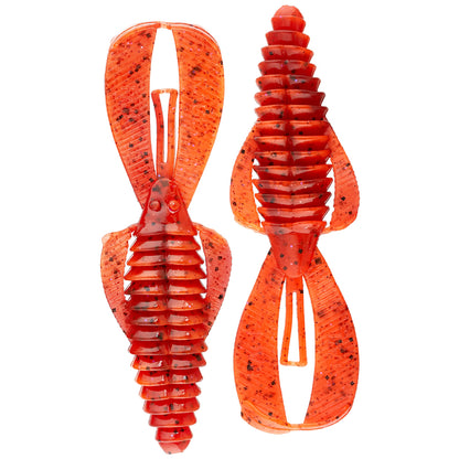 Two bright orange, ribbed Strike King Rage Bug 4" lures with black speckles—designed to mimic insects or crawfish—are shown from top and side views on a white background. Comes in a 7-pack from Strike King.