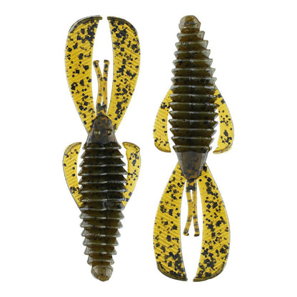 Two Strike King Rage Bug 4" baits, ribbed and translucent yellow with black specks, are shown side by side—front and back—to highlight their wide, flat arms and tails. Seven baits per pack from Strike King.