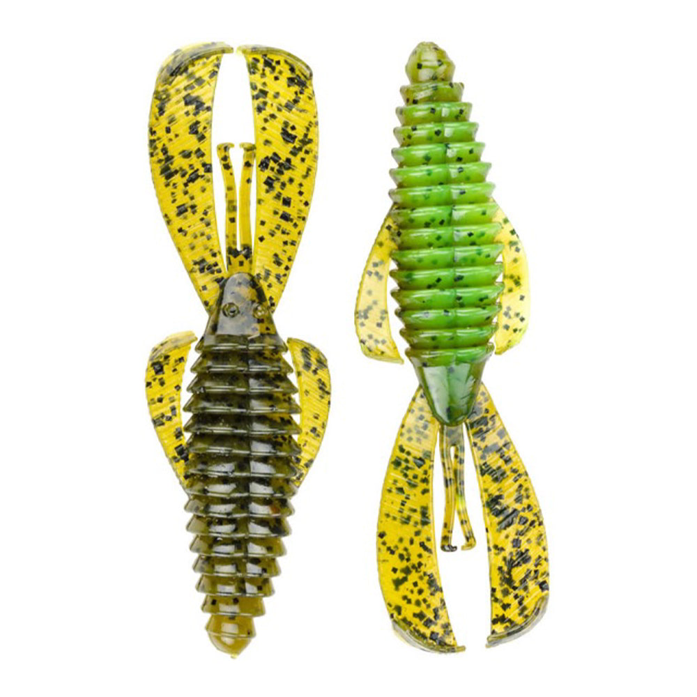 Two Strike King Rage Bug 4" lures in green and yellow with black spots and wide, curved appendages are shown side by side on a white background—ideal creature or flipping bait.