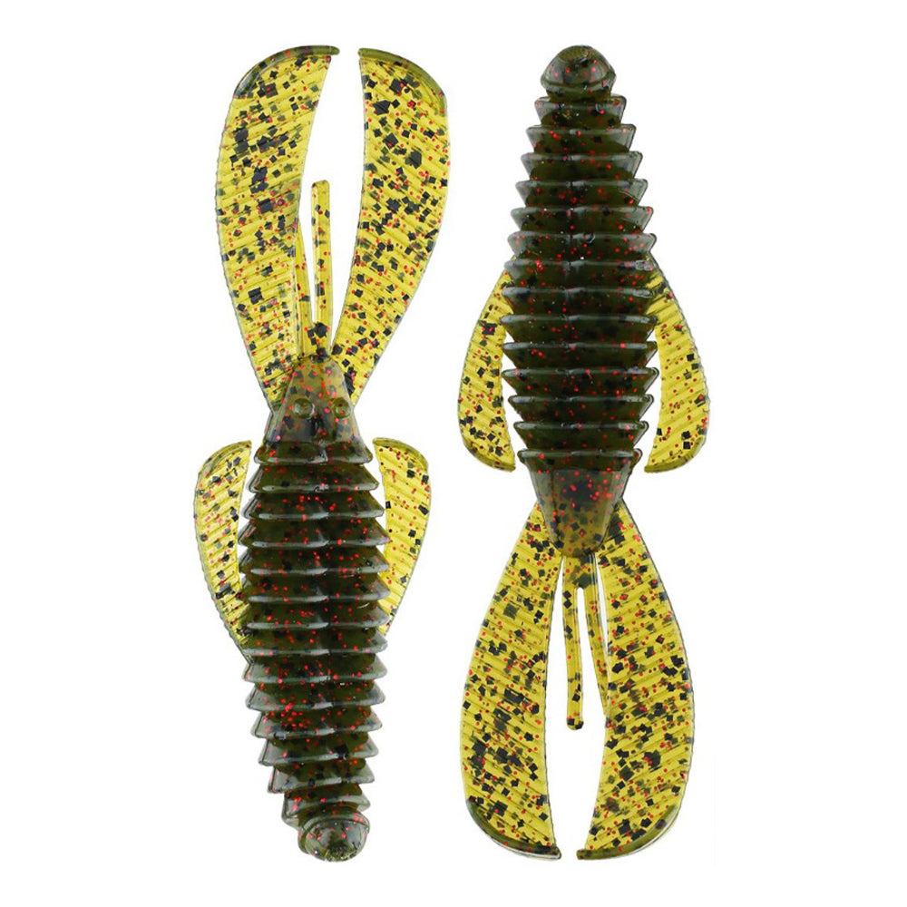 Two Strike King Rage Bug 4" baits with ribbed dark green bodies and large translucent yellow, speckled appendages are displayed side by side on a white background, ideal for flipping. Sold in a 7-pack by Strike King.