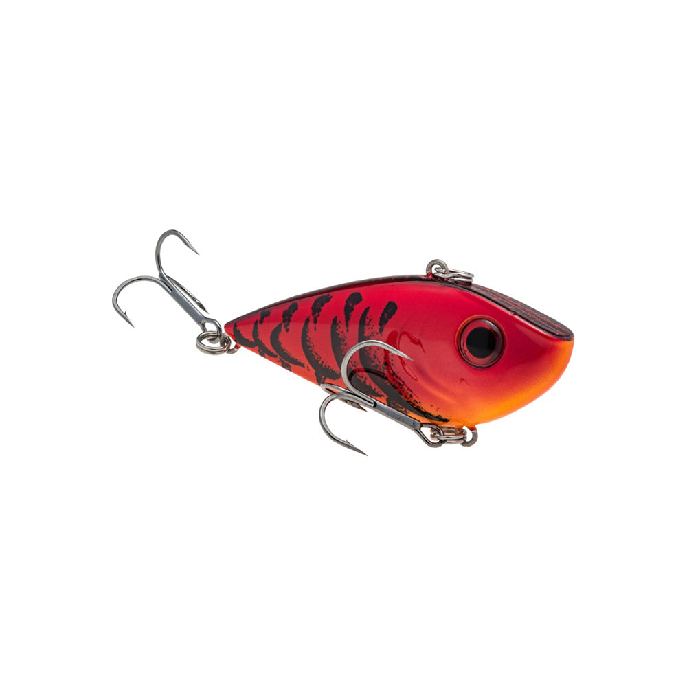 The Strike King Red Eye Shad by Strike King is a red and orange lipless crankbait with black markings, a large eye design, and two premium hooks—one underneath and one at the tail—shown on a white background.