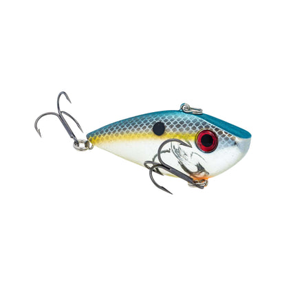 The Strike King Red Eye Shad by Strike King is a fish-shaped lipless crankbait featuring a blue top, yellow sides, red eyes, black dot, and two premium hooks to mimic a small baitfish.
