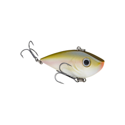 The Strike King Red Eye Shad by Strike King is a lipless crankbait designed to mimic a small fish, featuring a greenish-yellow top, white belly, large black eye, and premium hooks on the underside and tail.