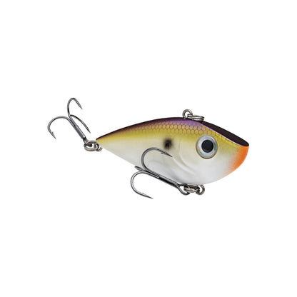The Strike King Red Eye Shad by Strike King is a realistic, fish-shaped lipless crankbait featuring a white belly, yellow and purple gradient top, orange accents near the mouth, and two premium hooks on the bottom and tail.