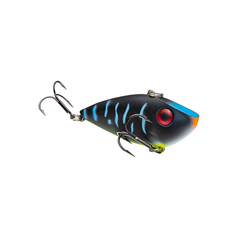 A Strike King Red Eye Shad lipless crankbait by Strike King, featuring a black body, blue stripes, vibrant red eye, orange nose, and two premium hooks, is displayed on a white background.