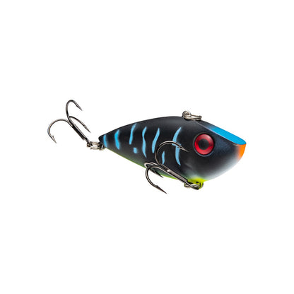 A Strike King Red Eye Shad lipless crankbait by Strike King, featuring a black body, blue stripes, vibrant red eye, orange nose, and two premium hooks, is displayed on a white background.