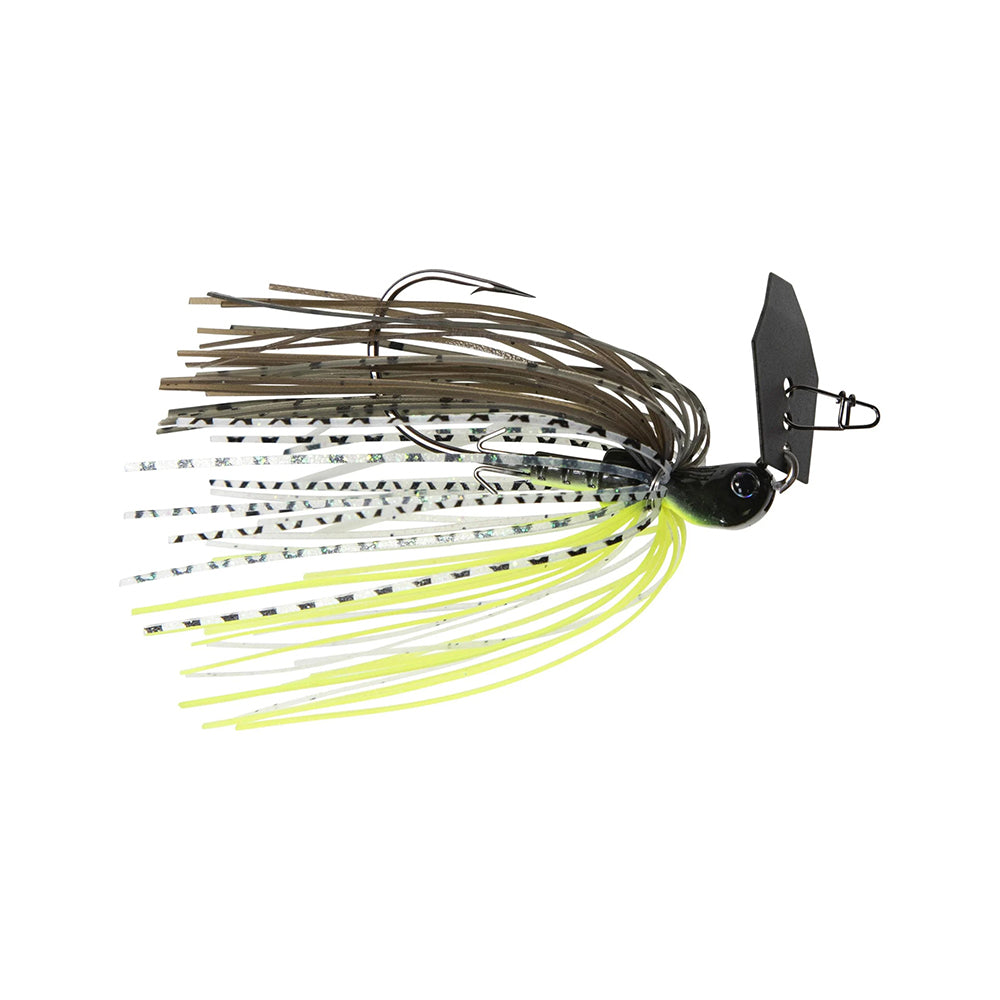 The Z-Man Evergreen Chatterbait Jack Hammer is a bladed jig from Z-Man with a jig head, black blade, and multi-colored skirt in brown, white, black, and yellow—ideal for attracting bass.