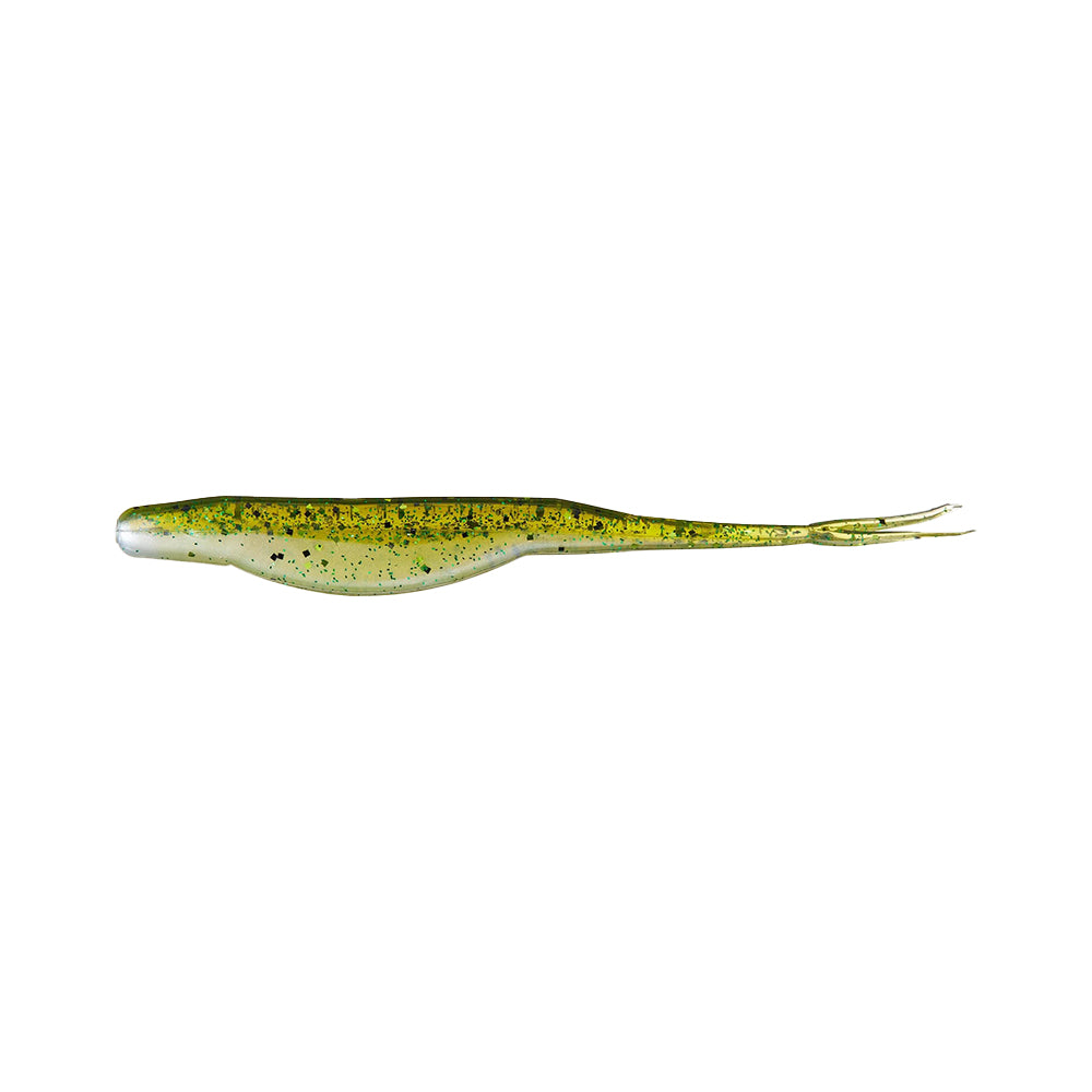 The Zoom Super Fluke by Zoom is a greenish-yellow soft plastic lure with black speckles and a forked tail, shaped like a minnow to mimic baitfish. Displayed on a white background.