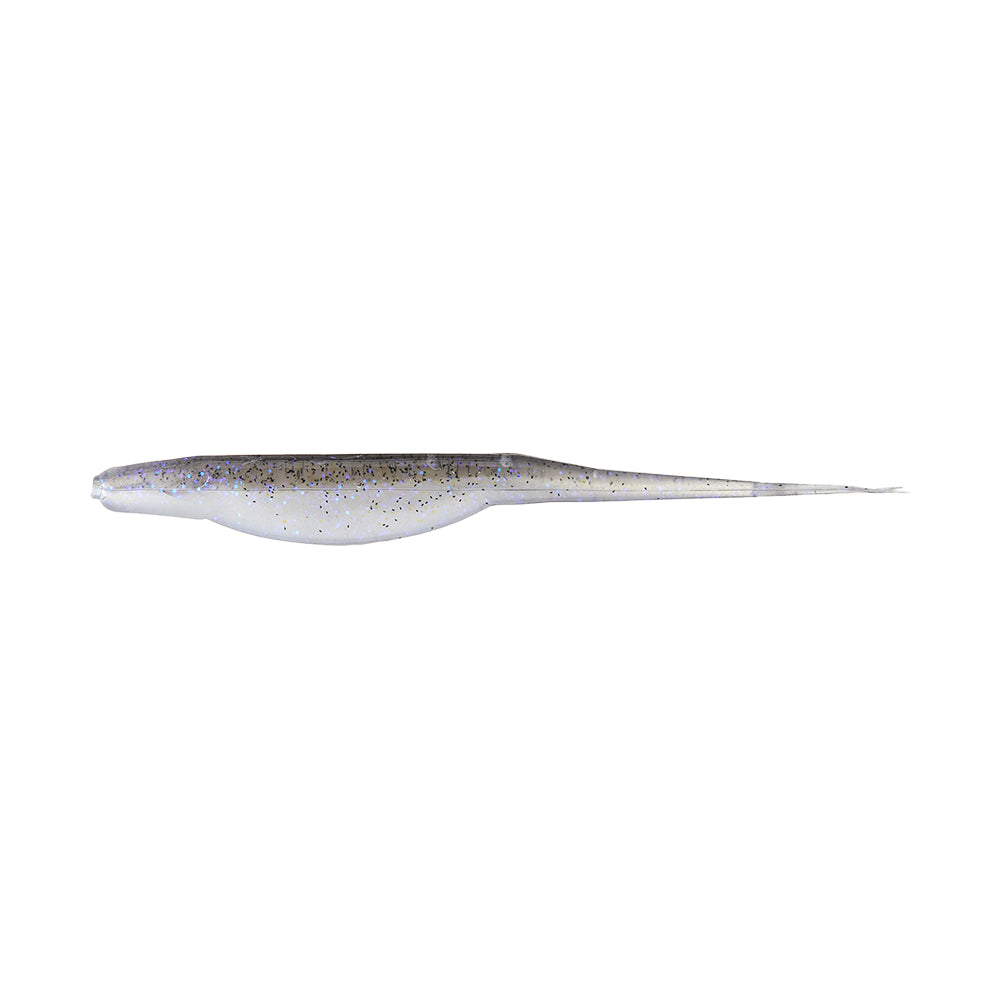 The Zoom Super Fluke by Zoom is a soft plastic baitfish lure with a streamlined, tapered body, silver and translucent with dark speckles—perfect for bass fishing.